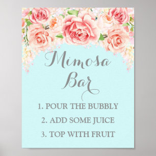 Póster Sinal de Bar Mimosa Cor de Água Rosa Flores Azul