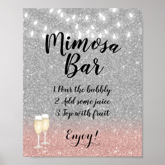 Poster Sinal de Bar Mimosa | Rosa de prata moderna com br (Frente)