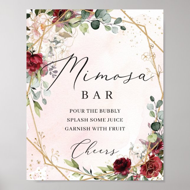 Poster Sinal de bar Mimosa rosa floral Blush burgundy (Frente)