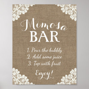 Póster Sinal de Bar Mimosa Vintage Burlap & Lace