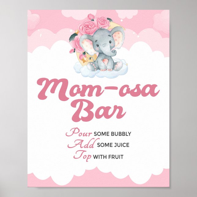 Poster Sinal de Bar Momosa, Chá de fraldas Elefante Rosa (Frente)