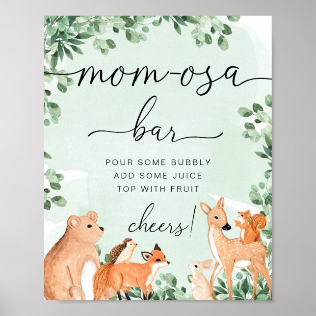 Poster Sinal de Bar Momosa Chá de fraldas Verde Animais d (Frente)