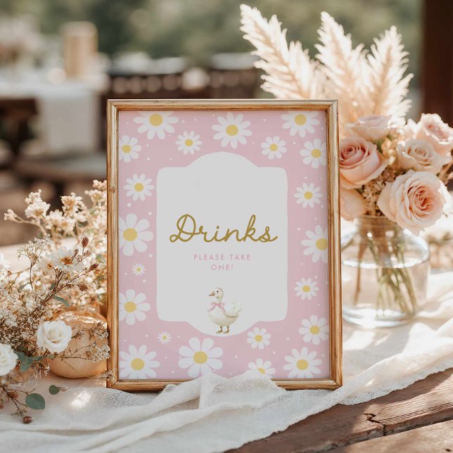Poster Sinal de Bar Rosa Bobo e Daisy Drink (Pink Silly Goose Girl Baby Shower Drinks sign)