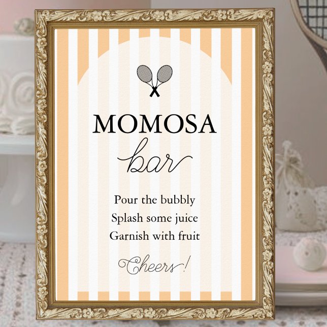 Poster Sinal de Bar Tênis Chic Laranja Momosa (elegant orange and white striped momosa bar tennis theme baby shower sign displayed in gold frame )