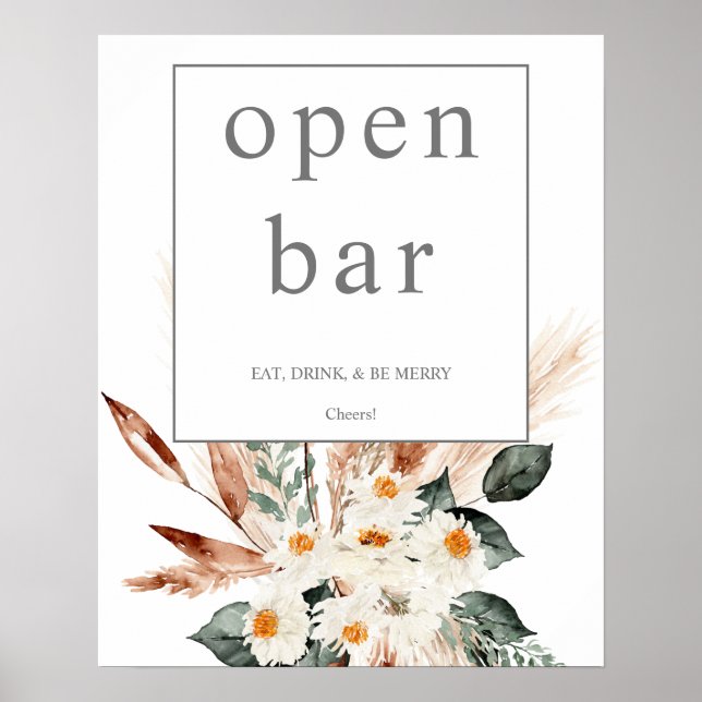 Poster Sinal de Barra Aberta Floral Bege & Pampas Cobre B (Frente)