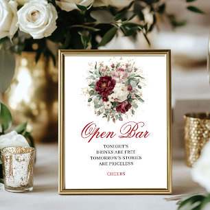 Poster Sinal de Barra Aberta Floral Burgundy Chic Blush