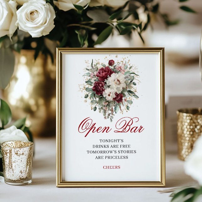 Poster Sinal de barra aberta Marsala Blush Burgundy 8x10 (Marsala Blush Burgundy Open Bar 8x10 Sign)
