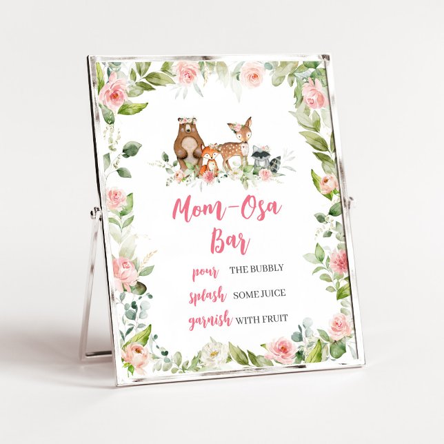 Poster Sinal de Barra da Mamãe Osa no Chuveiro de Bebê Fl (Girl Woodland Animals Baby Shower Mom Osa Bar Sign)