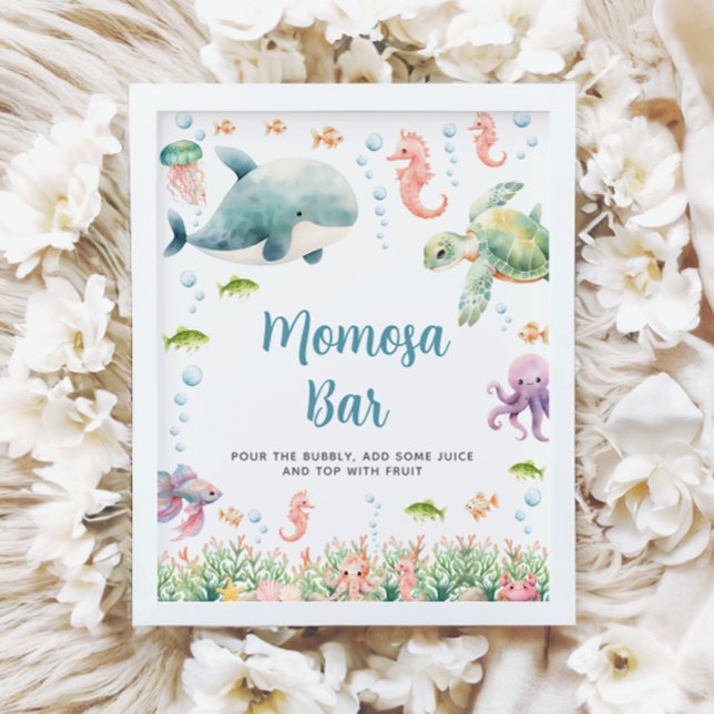 Poster Sinal de barra da Momosa para chá de bebê no ocean (Under the Sea Ocean Baby Shower Momosa Bar Sign)