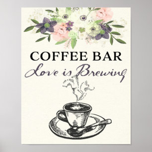 Poster Sinal de barra de café floral em aquarela para cas