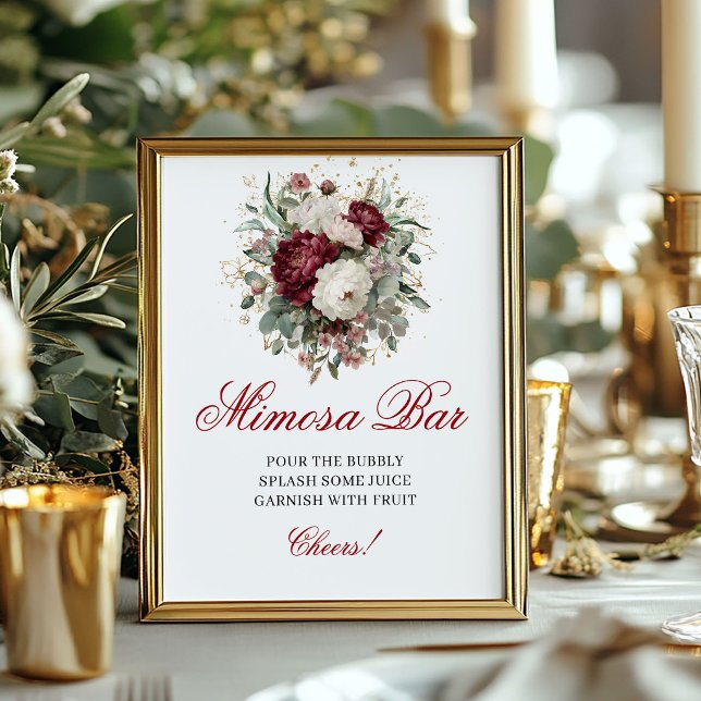Poster Sinal de Barra de Mimosa Boho Premium Floral Blush (Premium Boho Mimosa Bar Floral Blush Burgundy Sign)