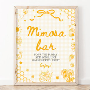 Poster Sinal de barra de Mimosa com Abelha Mel em Xadrez 