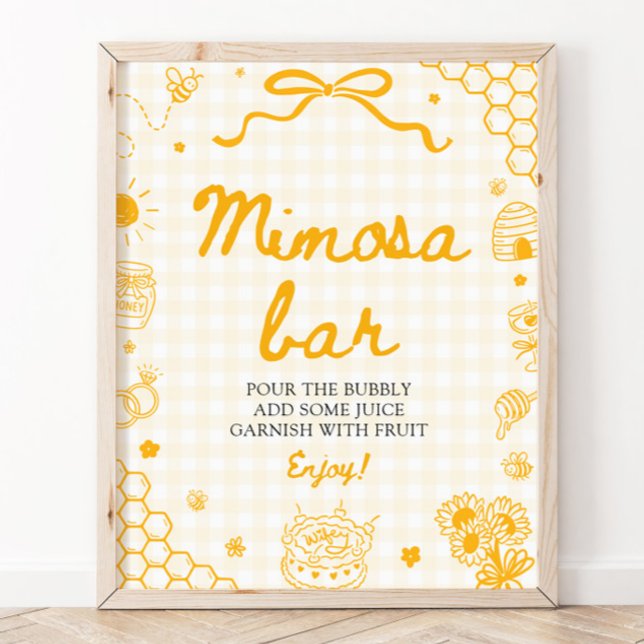 Poster Sinal de barra de Mimosa com Abelha Mel em Xadrez  (Yellow Gingham Honey Bee Mimosa Bar Sign)