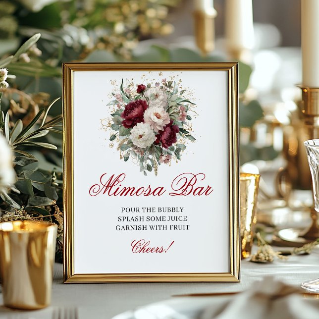Poster Sinal de Barra de Mimosa Floral Blush Borgonha Ate (Timeless Mimosa Bar Floral Blush Burgundy Sign)