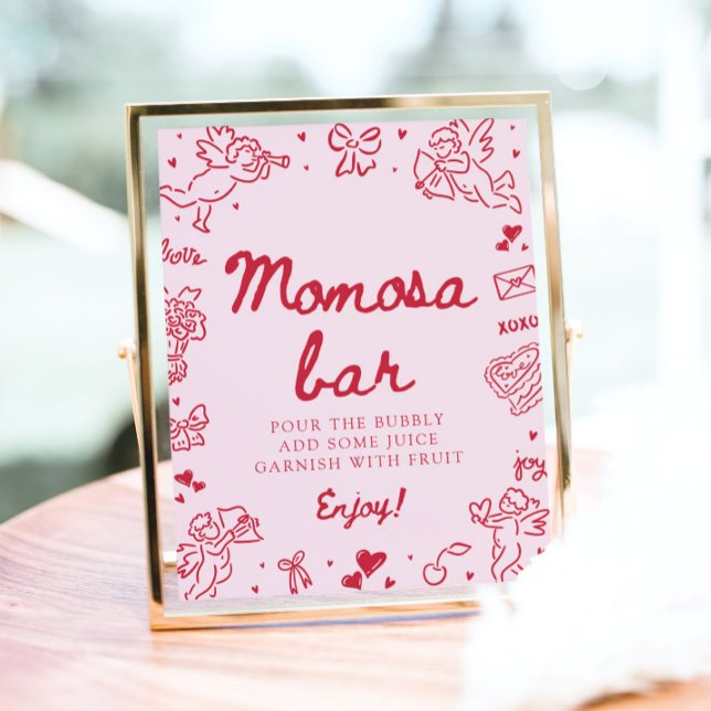 Poster Sinal de barra de Momosa de chuveiro de bebê desen (Pink Hand Drawn Baby Shower Momosa Bar Sign)