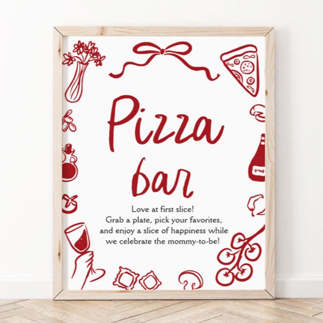 Poster Sinal de barra de pizza 'That's amore' desenhado à (Red Italian Hand Drawn Pizza Pasta Mimosa Bar Sign)