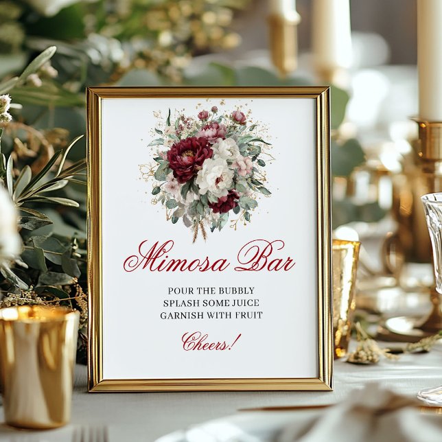 Poster Sinal de Barra Mimosa Floral Borgonha Blush Chic (Chic Blush Burgundy Floral Mimosa Bar Sign)