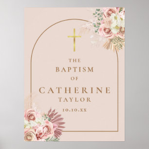 Poster Sinal de Batismo Arco Rosa Grama das Pampas Dourad
