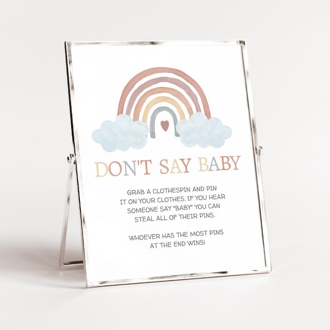 Poster Sinal de Bebê Boho Pequeno Raio de Sol Não Diga Be (Rainbow Baby Shower Don't Say Baby Sign)