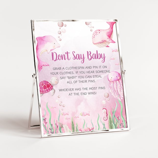 Poster Sinal de Bebê Rosa debaixo do Mar Não Diga Bebê (Under the Sea Baby Shower Sign)