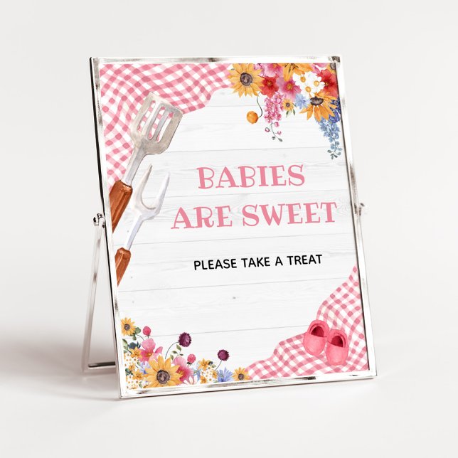Poster Sinal de Bebês São Doces para Churrasco Rosa para  (Girl Baby-Q Baby Shower Babies are Sweet Sign)