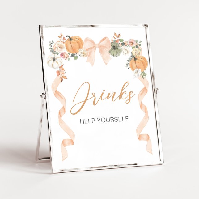 Poster Sinal de Bebida Abóbora com Laço Laranja para Chás (Orange Pumpkin Baby Shower Drinks Sign)