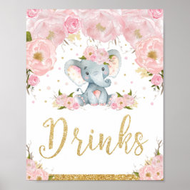 Poster Sinal de Bebida Chá de Bebê Elefante Floral Rosa D