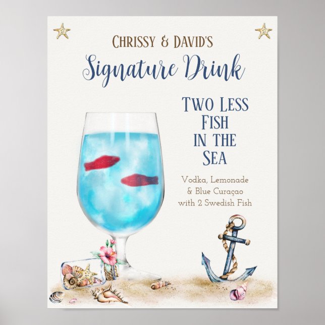 Poster Sinal de Bebida de Assinatura Dois Menos Peixes no (Frente)