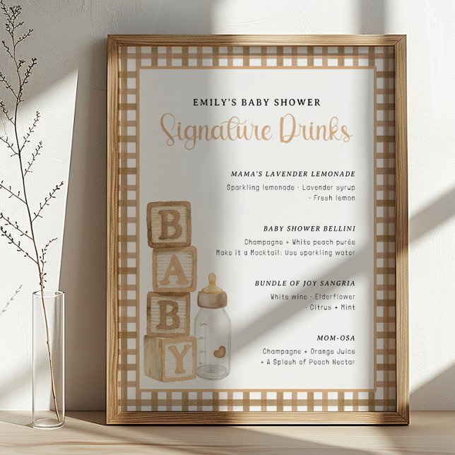 Poster Sinal de Bebida de Chá de Bebê Taupe para Impressã (Baby Shower Signature Drinks)