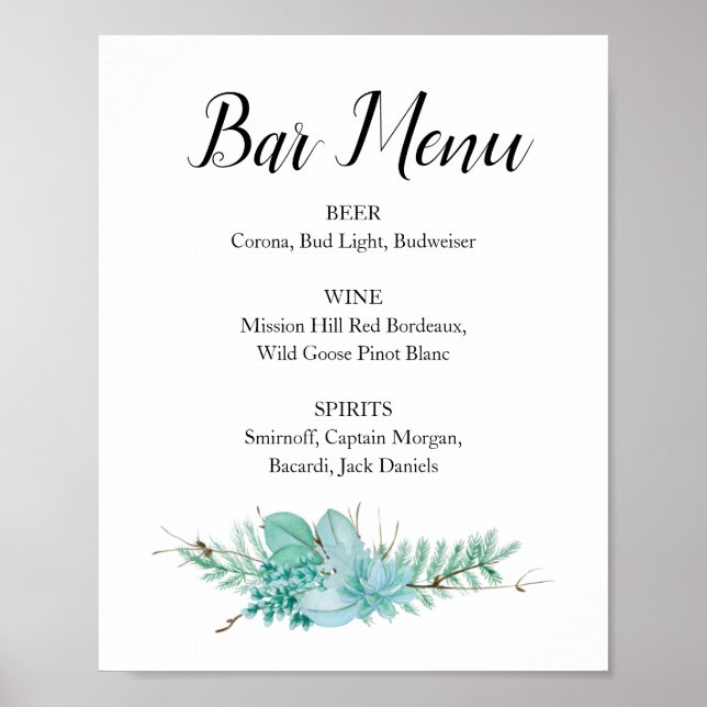 Poster Sinal de Bebida do Menu Bar de Casamento Verde Suc (Frente)