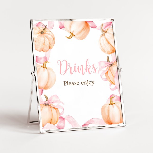 Poster Sinal de Bebida para Chá de Bebê Abóbora com Laço  (Girl Bow Pumpkin Baby Shower Drinks Sign)