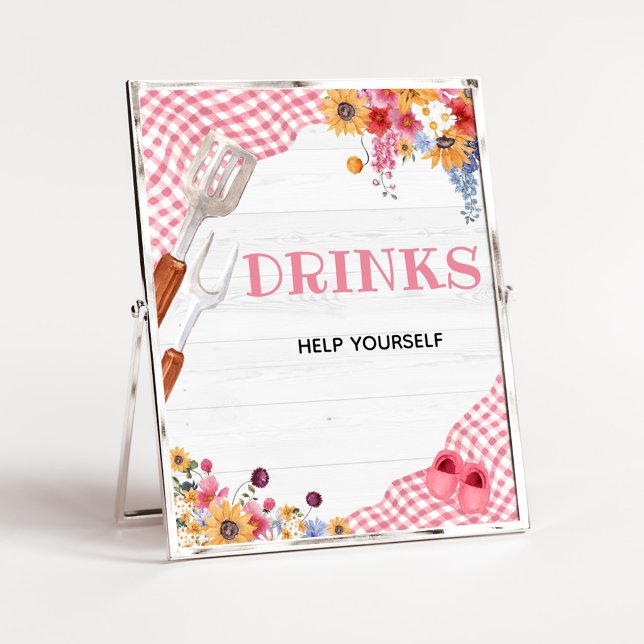 Poster Sinal de Bebida para Chá de Bebê Churrasco Rosa (Girl Baby-Q Baby Shower Drinks Sign)