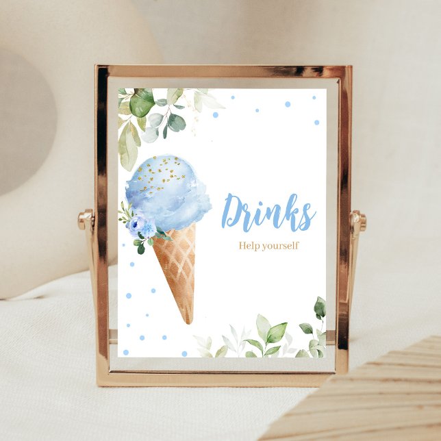 Poster Sinal de Bebida para Chá de Bebê de Sorvete Azul (Ice Cream Baby Shower Drinks Sign)