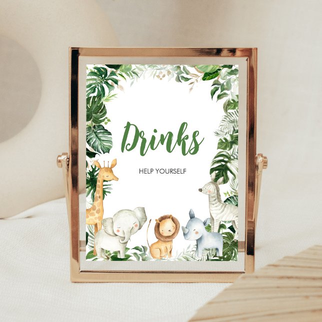 Poster Sinal de Bebida para Chá de Bebê Wild One Safari (Greenery Jungle Baby Shower Drinks Sign)