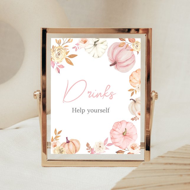 Poster Sinal de Bebida Pequena Abóbora Rosa de Outono (Girl Little Pumpkin Fall Baby Shower Drinks Sign)