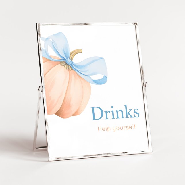 Poster Sinal de Bebidas Abóbora Laranja com Laço Azul (Little Pumpkin Bow Baby Shower Drinks Sign)