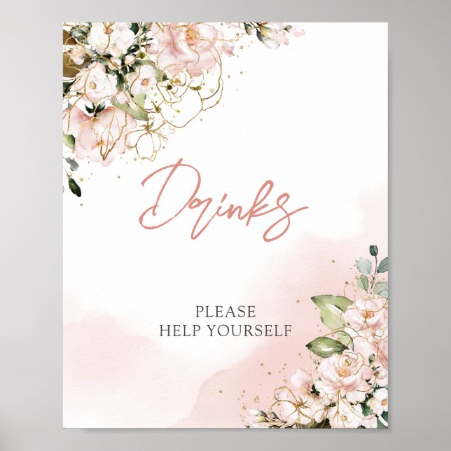 Poster Sinal de bebidas boêmio floral rosa dourado (Frente)