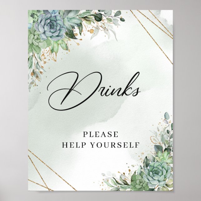 Poster Sinal de bebidas boho moldura dourada suculentas e (Frente)