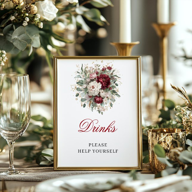 Poster Sinal de Bebidas Burgundy Marsala Blush para Chá d (Marsala Blush Burgundy Drinks Bridal Shower Sign)