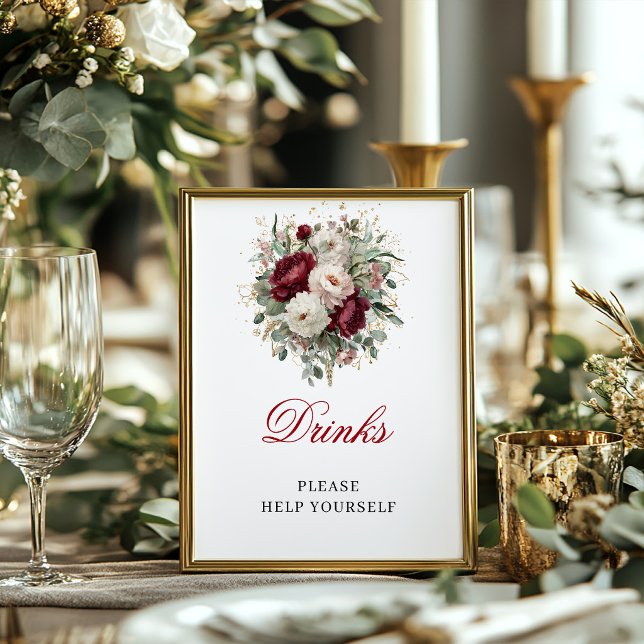 Poster Sinal de Bebidas Charmoso Rosa Bege Burgundy com D (Charming Blush Burgundy Drinks Sign with Gold)