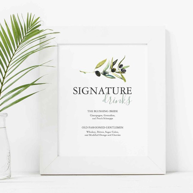 Poster Sinal de Bebidas com a Assinatura do Ramo de Olive (Olive wedding bar signs with watercolor art by Victoria Grigaliunas of Do Tell A Belle)