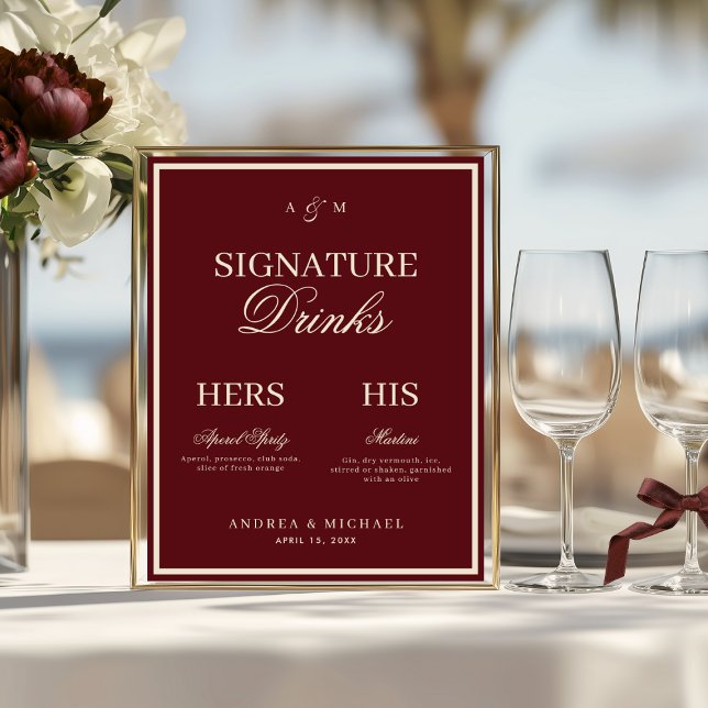 Poster Sinal de Bebidas com Assinatura Burgundy & Ivory O (Criador carregado)