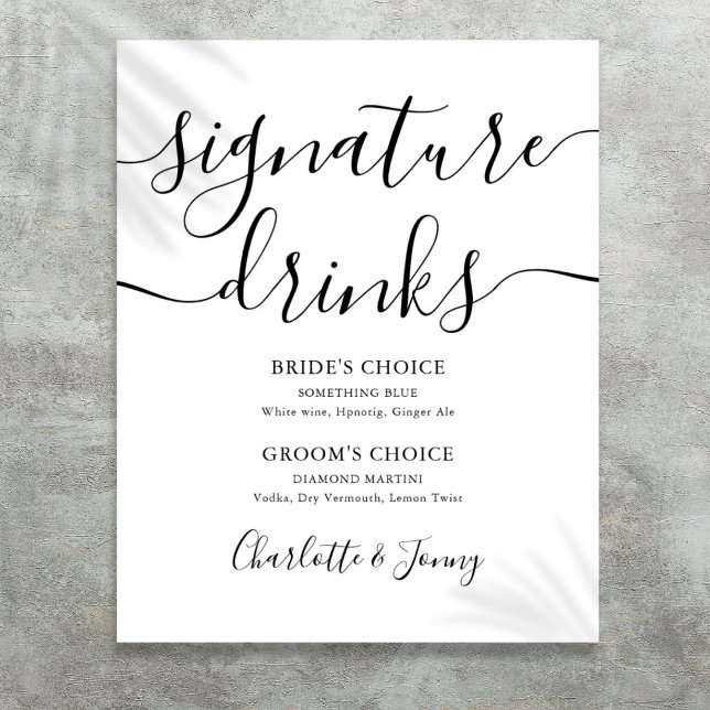 Poster Sinal de Bebidas com Assinatura em Preto e Branco (Black And White Script Signature Drinks Sign)