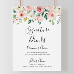 Poster Sinal de Bebidas com Assinatura Floral Elegante e 