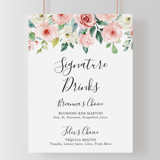 Poster Sinal de Bebidas com Assinatura Floral Elegante e  (Criador carregado)
