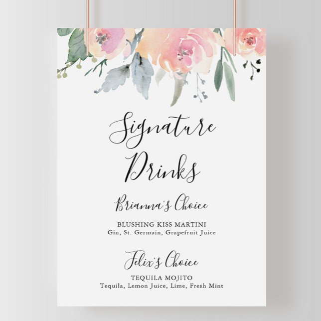 Poster Sinal de Bebidas com Assinatura Floral Rosa Elegan (Criador carregado)