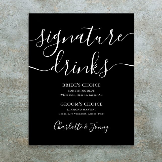 Poster Sinal de Bebidas com Assinatura Preto e Branco (Black And White Script Signature Drinks Sign)