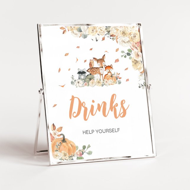 Poster Sinal de Bebidas de Animais Florestais Florais (Floral Woodland Animals Baby Shower Drinks Sign)