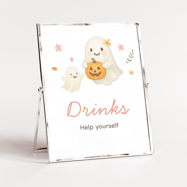 Poster Sinal de Bebidas de Boo Pequeno Rosa para o Hallow (Pink Halloween Little Boo Baby Shower Drinks Sign)