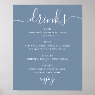 Poster Sinal de Bebidas de Casamento Azul Empoeirado Cost